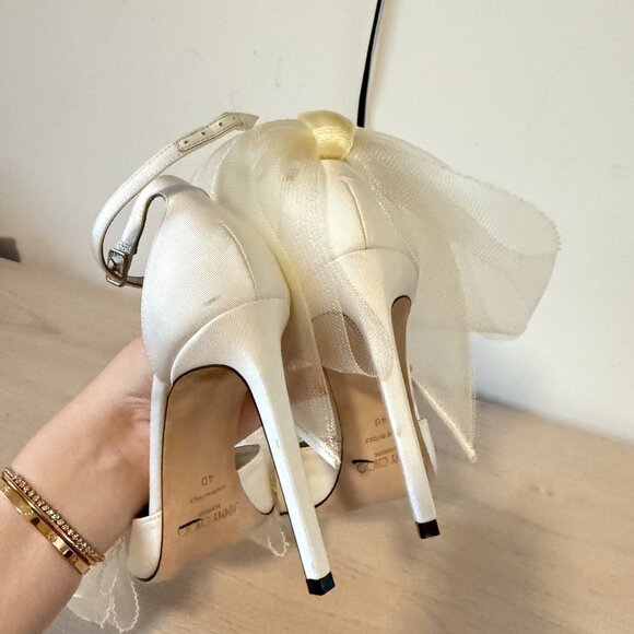 Jimmy Choo Averly 100 Satin Pumps Bow Mesh Detail Ankle Strap Stiletto Heels - Picture 8 of 13